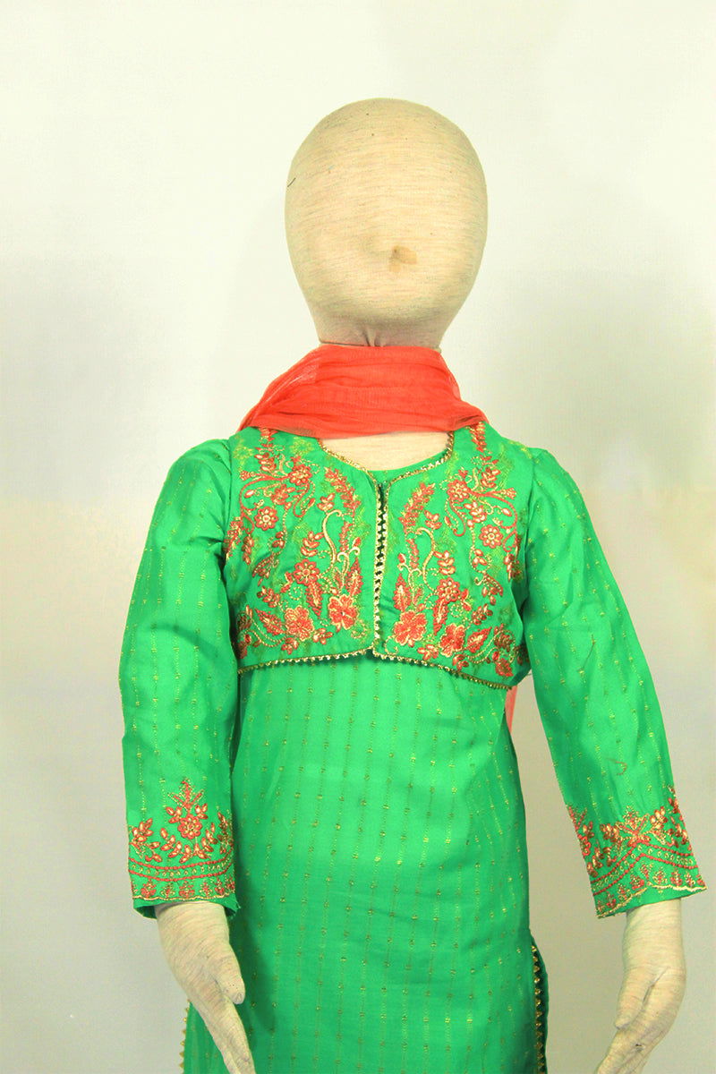 South Asian Green Shalwar Kameez for Kids Pink & Gold Embroidered Jacket, Orange Dupatta, Traditional Outfit for Girls South Asian Green Shalwar Kameez for Kids Pink & Gold Embroidered Jacket, Orange Dupatta, Traditional Outfit for Girls
