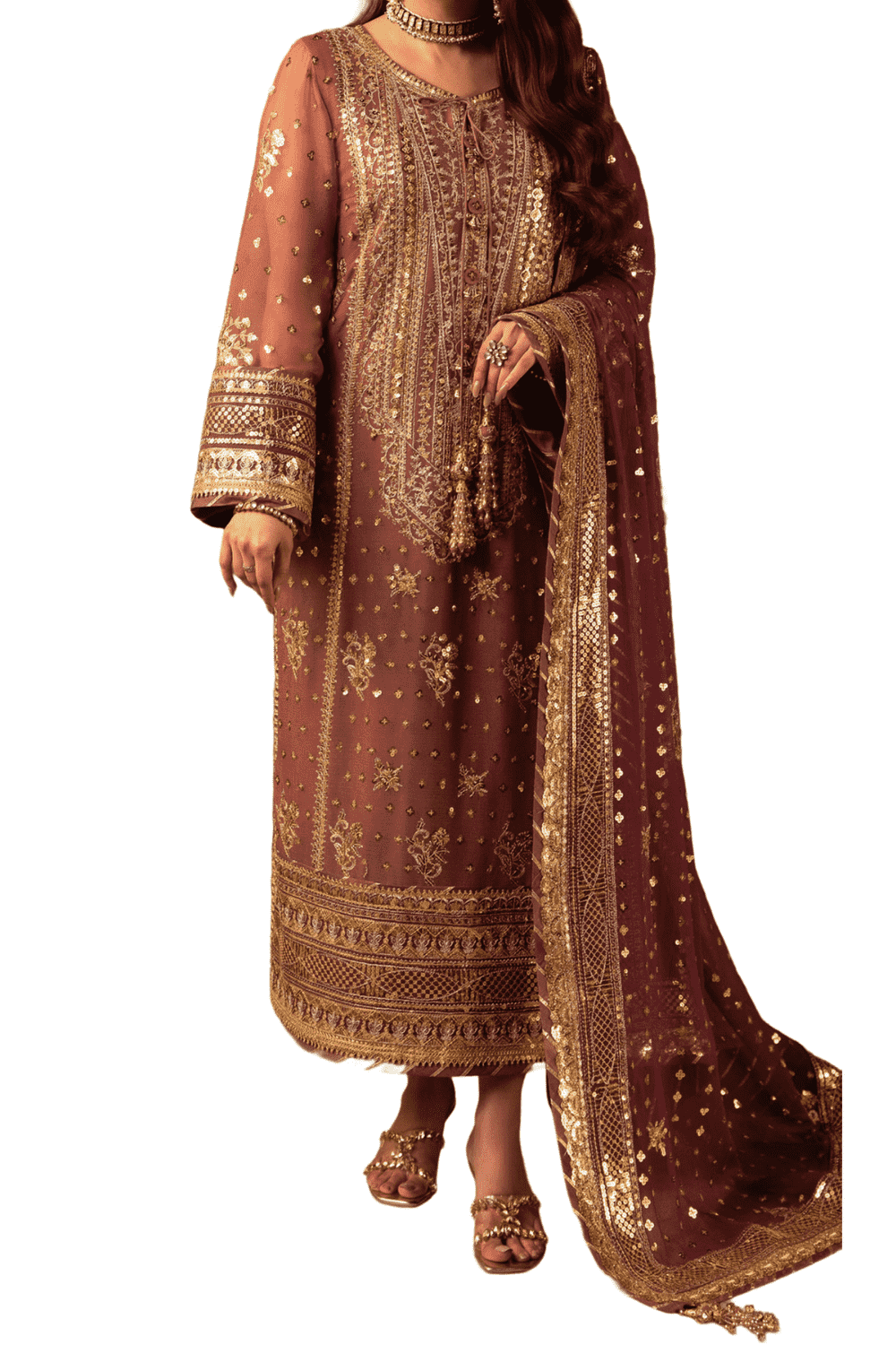 Antique Gold Embroidered Shalwar Kameez with Delicate Sequin Work and Sheer Dupatta - M.M Collection - 