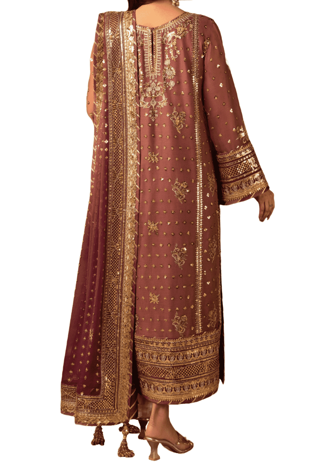 Antique Gold Embroidered Shalwar Kameez with Delicate Sequin Work and Sheer Dupatta - M.M Collection - 