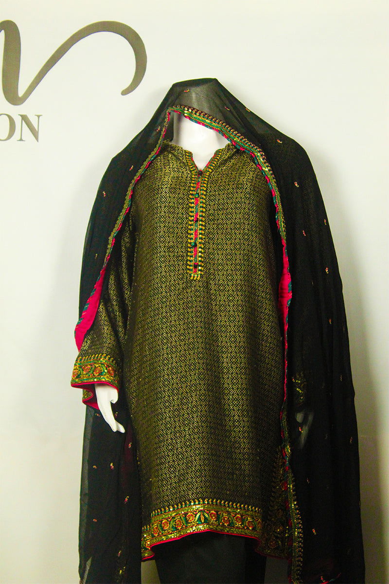 Black Dupatta & Pink Gota Dress: Bold & Beautiful in Pink - M.M Collection - 