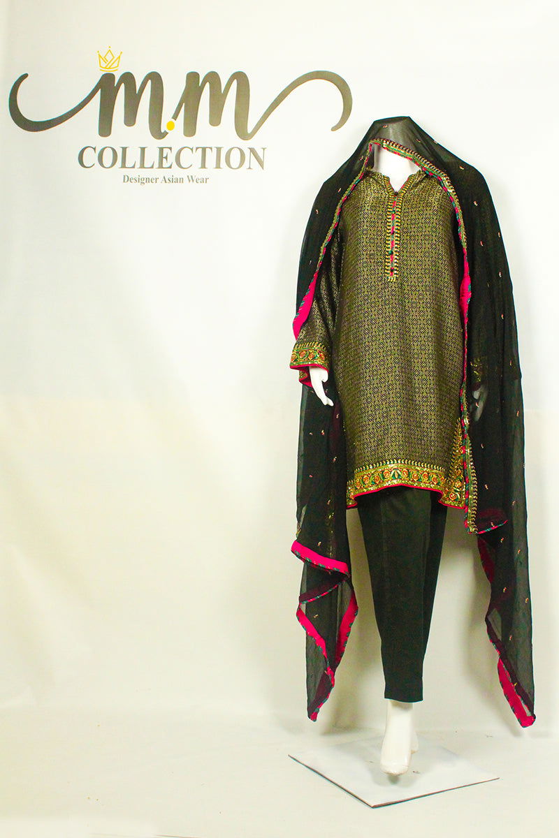 Black Dupatta & Pink Gota Dress: Bold & Beautiful in Pink - M.M Collection - 