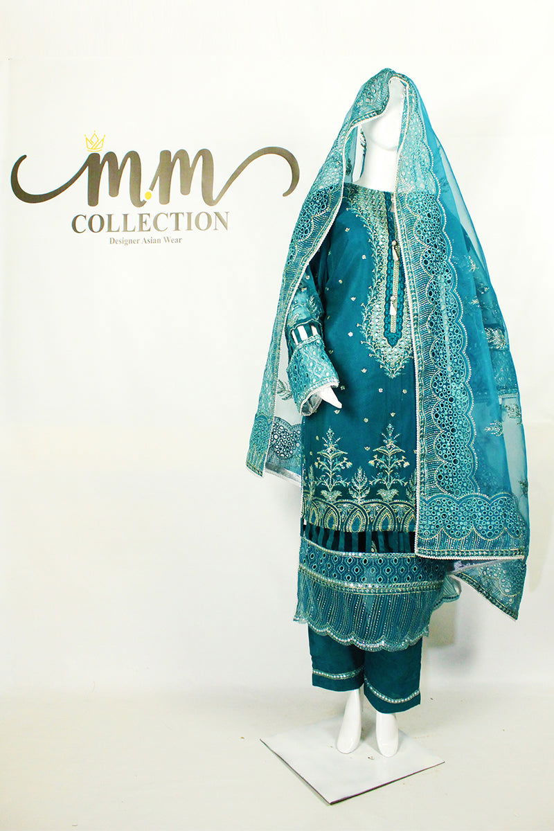 Blue Dress with Elegant Dupatta & Lais Shalwar - M.M Collection - 