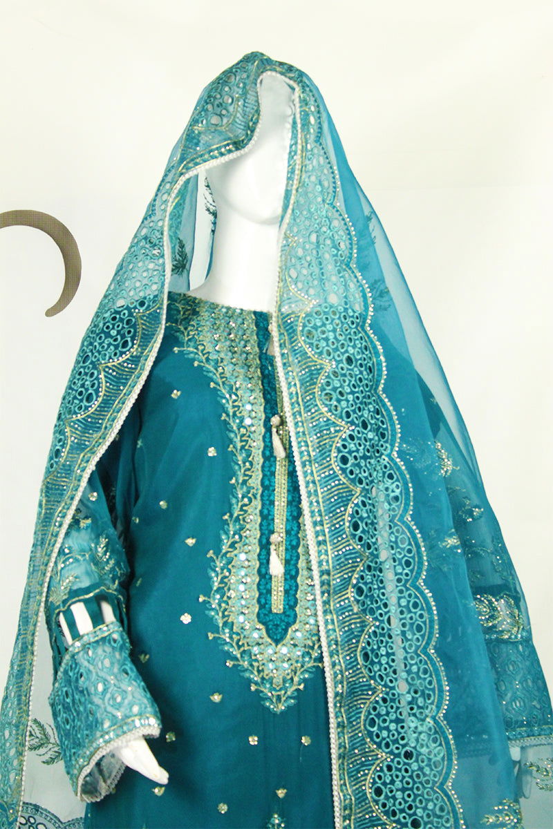 Blue Dress with Elegant Dupatta & Lais Shalwar - M.M Collection - 