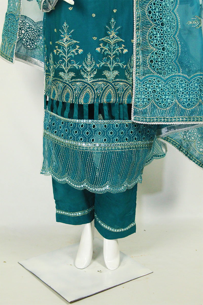 Blue Dress with Elegant Dupatta & Lais Shalwar - M.M Collection - 