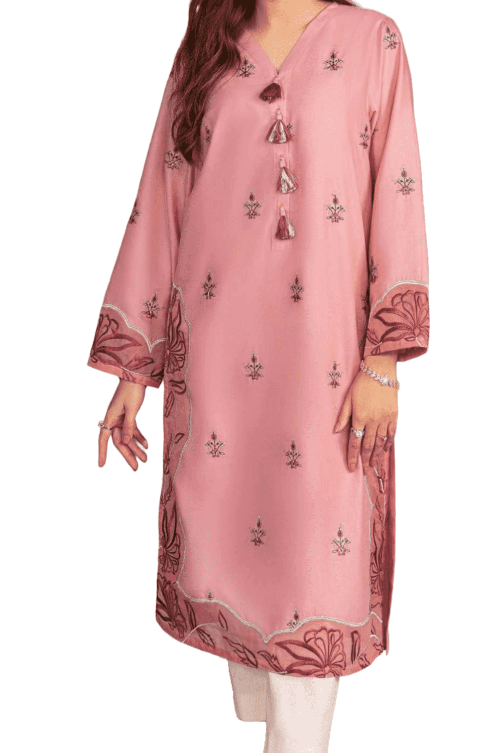 Blush Pink Embroidered Kurta – Subtle Grace with Tassel Detail - M.M Collection - 