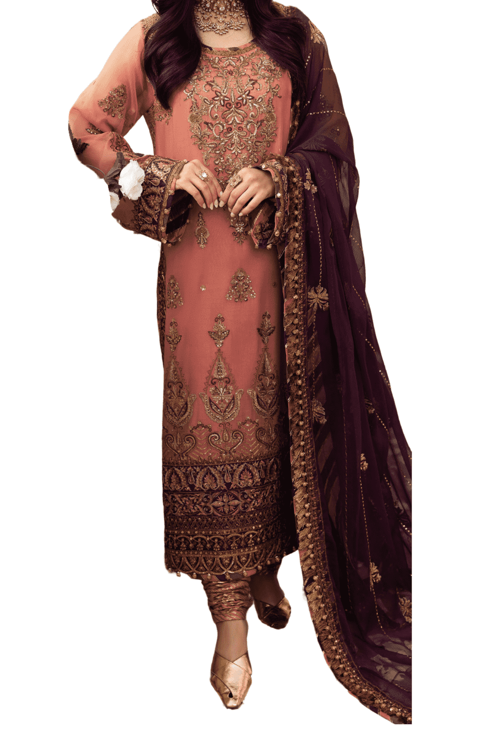 Blush Pink Embroidered Shalwar Kameez with Rich Copper Detailing and Chocolate Brown Dupatta - M.M Collection - 