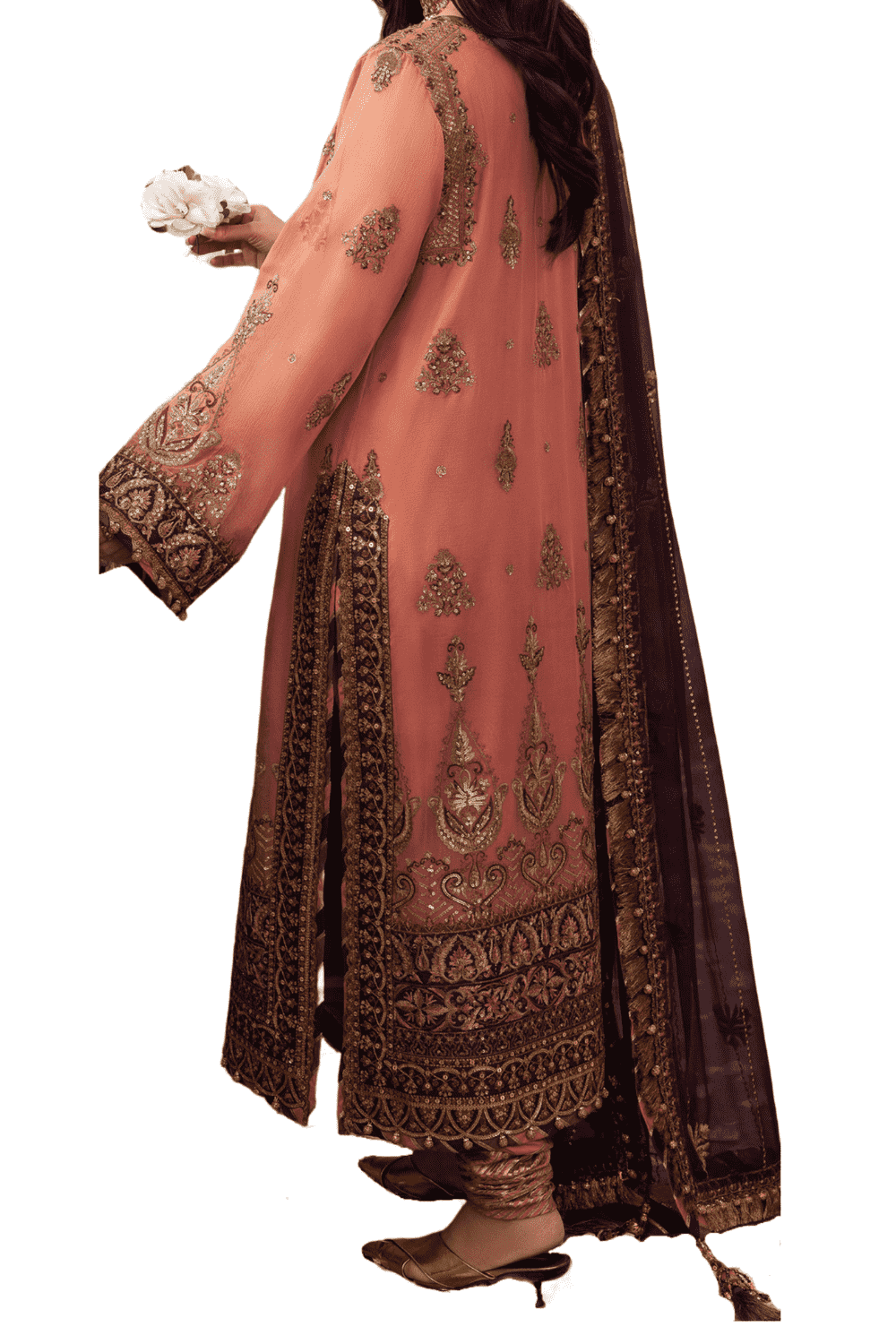 Blush Pink Embroidered Shalwar Kameez with Rich Copper Detailing and Chocolate Brown Dupatta - M.M Collection - 