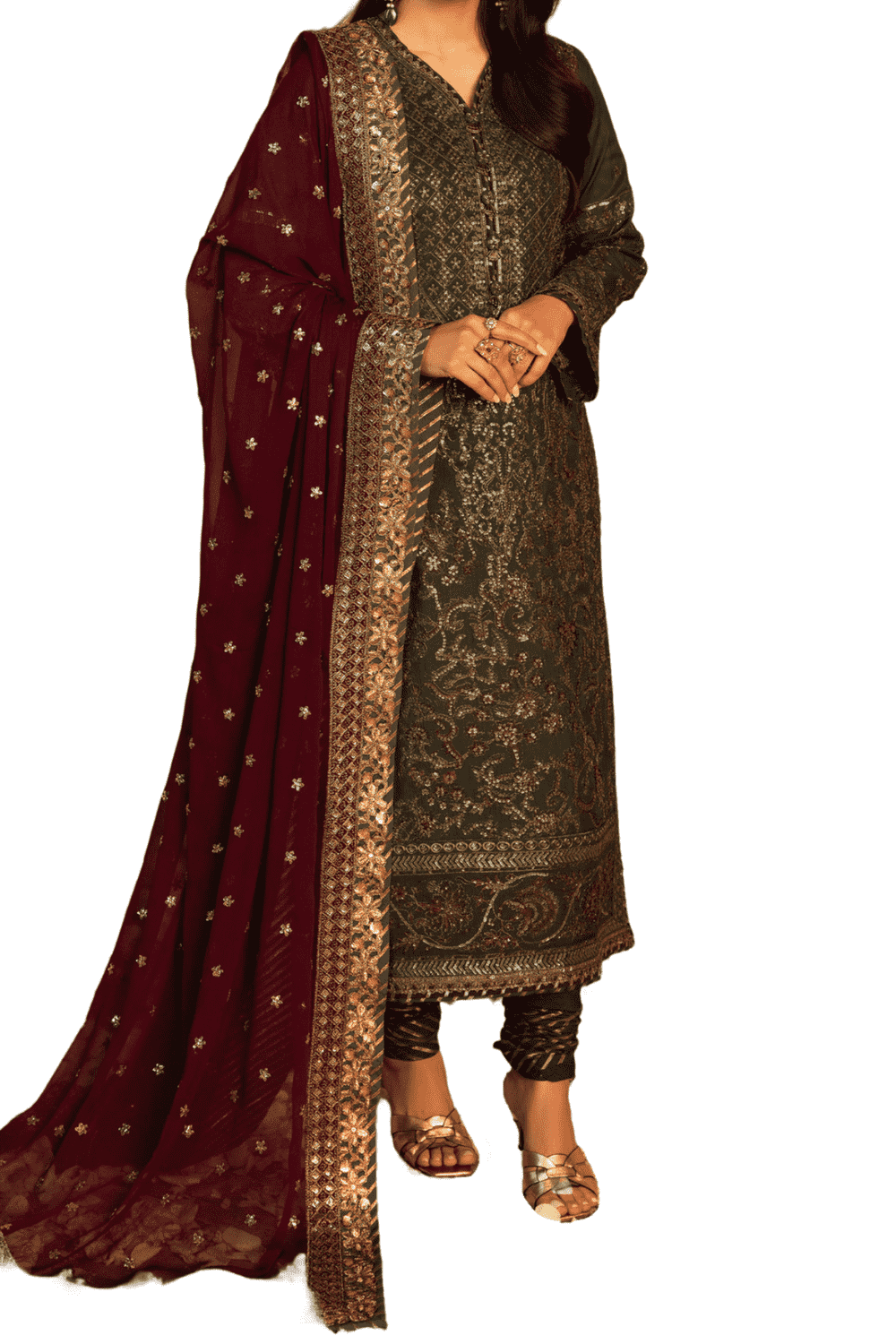 Chic Black Embroidered Shalwar Kameez with Maroon Dupatta and Golden Accents - M.M Collection - 
