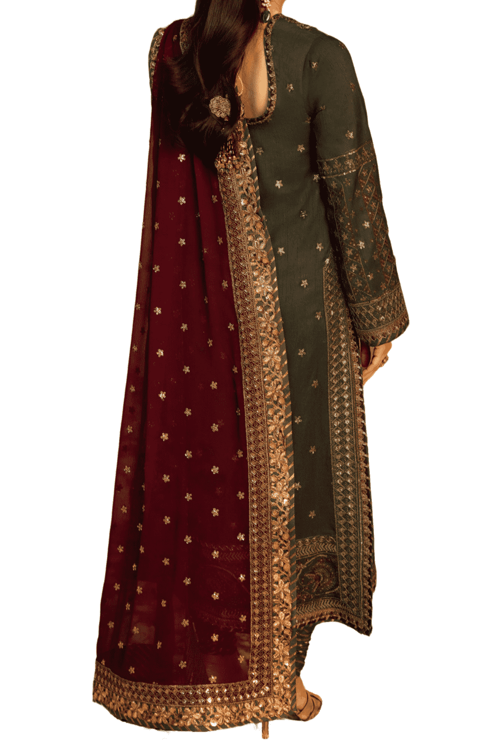 Chic Black Embroidered Shalwar Kameez with Maroon Dupatta and Golden Accents - M.M Collection - 