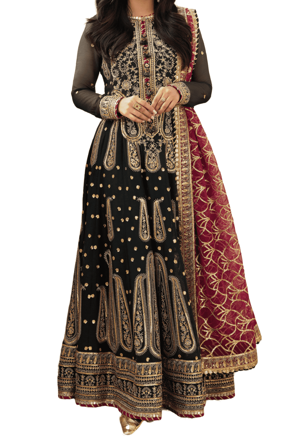 Classic Black and Gold Embroidered with Rich Maroon Dupatta - M.M Collection - 