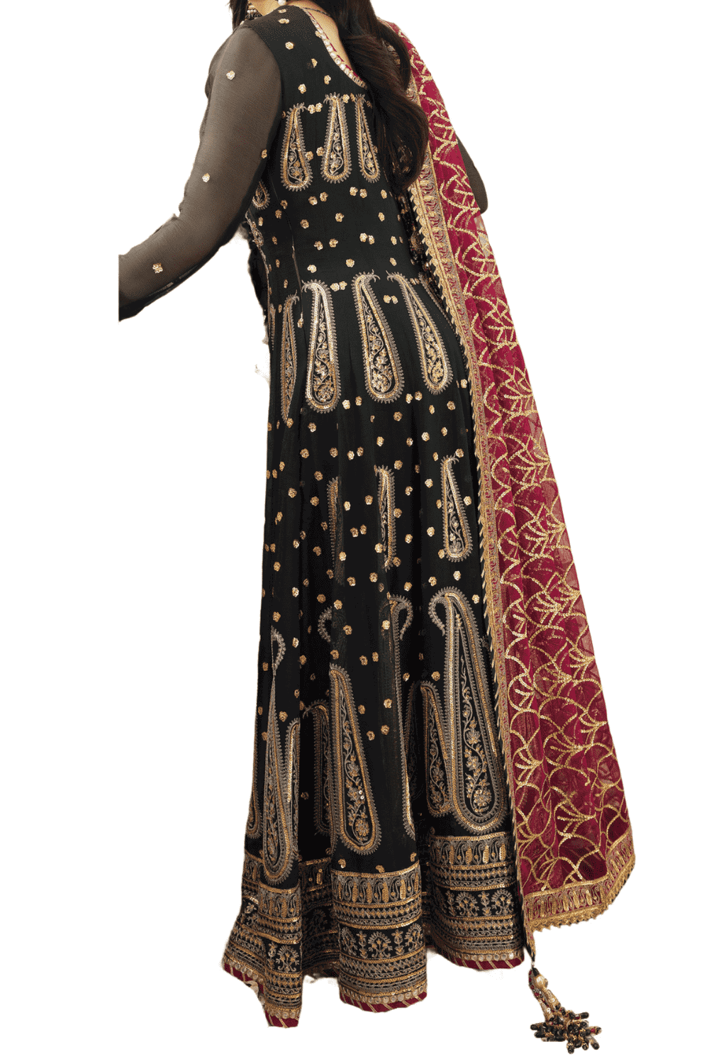 Classic Black and Gold Embroidered with Rich Maroon Dupatta - M.M Collection - 