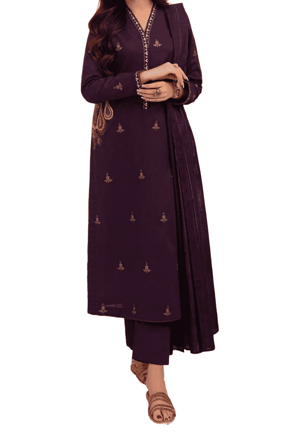 Deep Plum Embroidered Kurta with Coordinated Dupatta – A Statement of Luxury - M.M Collection - 