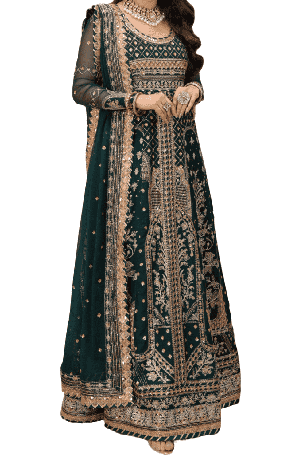 Deep Teal with Exquisite Gold Embroidery and Sheer Dupatta - M.M Collection - 