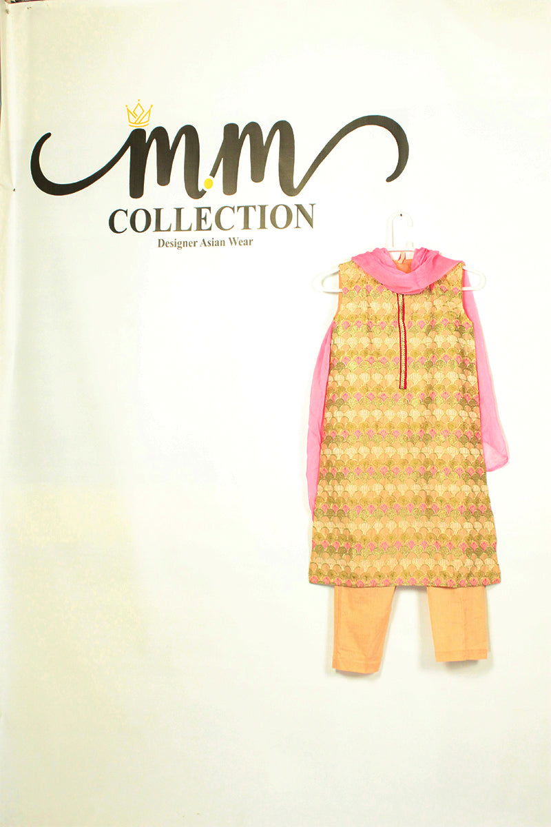 Eastern Charm: Pink & Gold Frock with Simple Shalwar & Dupatta (Teens) - M.M Collection - 
