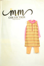 Eastern Charm: Pink & Gold Frock with Simple Shalwar & Dupatta (Teens) - M.M Collection - 