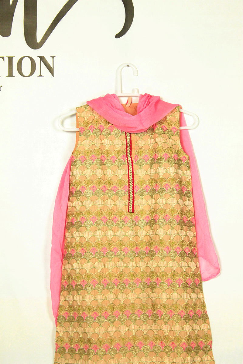 Eastern Charm: Pink & Gold Frock with Simple Shalwar & Dupatta (Teens) - M.M Collection - 