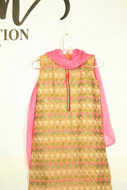 Eastern Charm: Pink & Gold Frock with Simple Shalwar & Dupatta (Teens) - M.M Collection - 