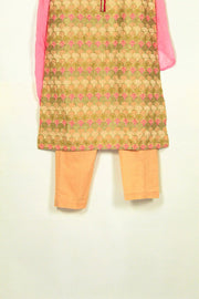 Eastern Charm: Pink & Gold Frock with Simple Shalwar & Dupatta (Teens) - M.M Collection - 