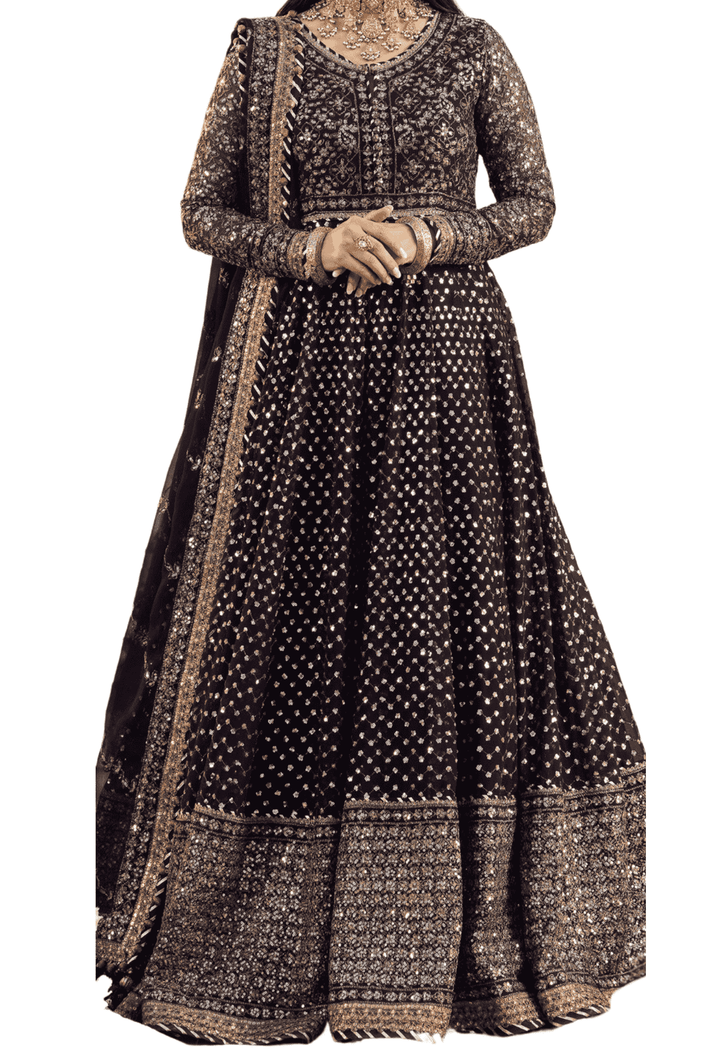 Elegant Black Embroidered Bridal with Intricate Gold Detailing - M.M Collection - 
