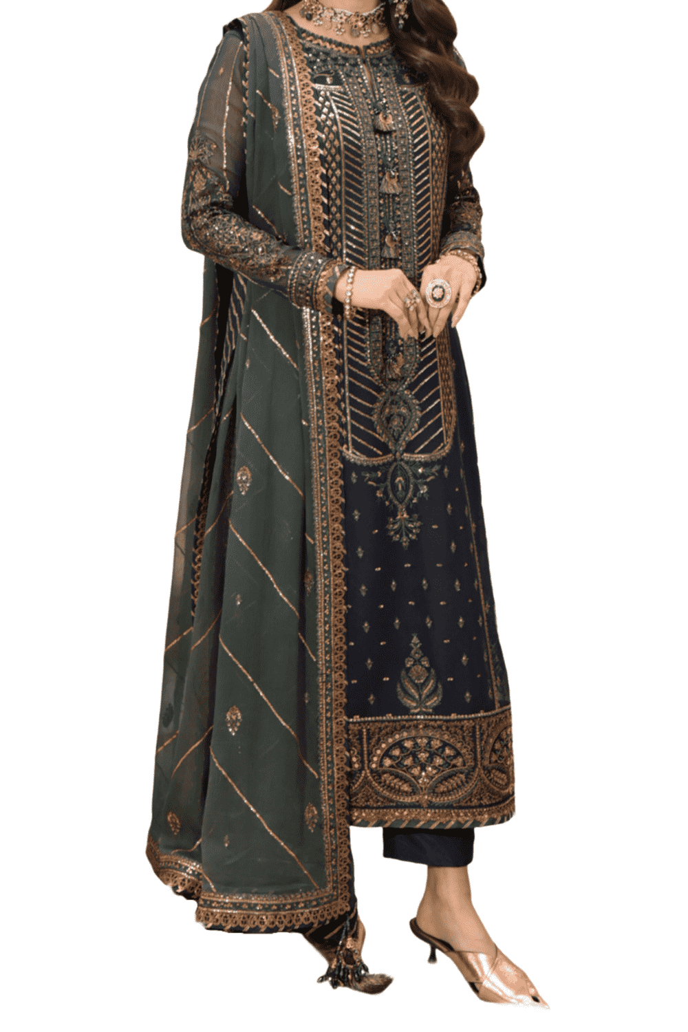 Elegant Deep Teal Shalwar Kameez with Copper Embroidery and Sheer Dupatta - M.M Collection - 