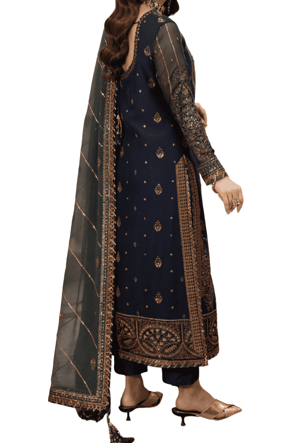 Elegant Deep Teal Shalwar Kameez with Copper Embroidery and Sheer Dupatta - M.M Collection - 
