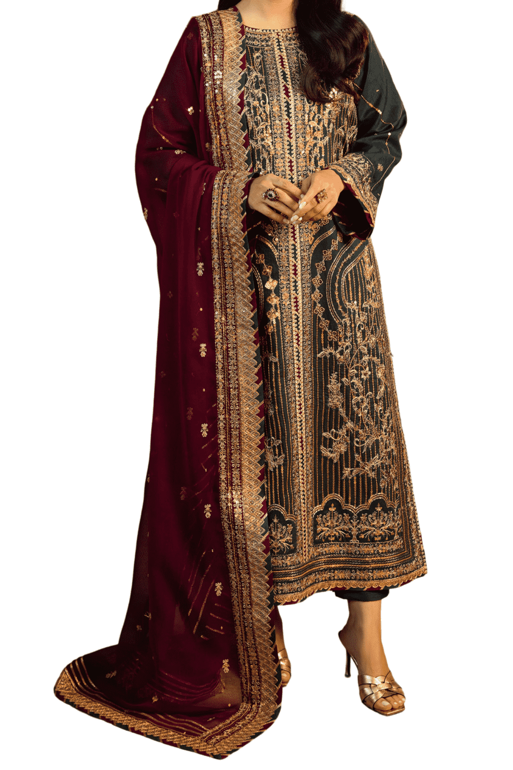 Elegant Teal Shalwar Kameez with Gold Embroidery and Deep Maroon Dupatta - M.M Collection - 