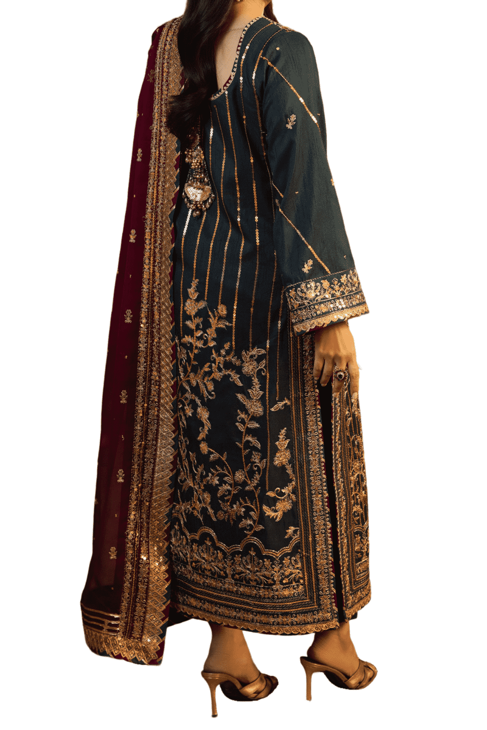 Elegant Teal Shalwar Kameez with Gold Embroidery and Deep Maroon Dupatta - M.M Collection - 