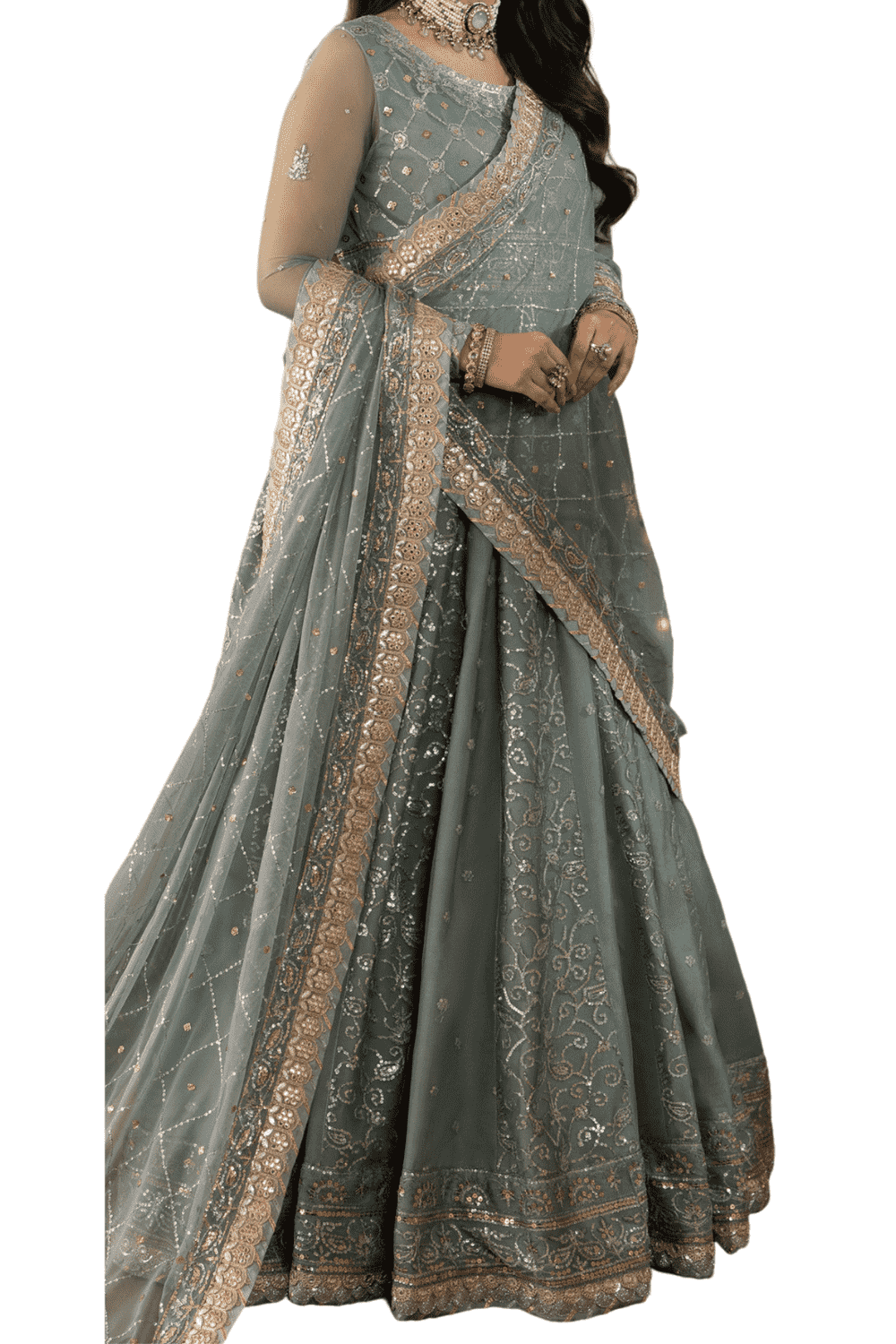 Ethereal Pastel Blue Lehenga with Delicate Silver Embroidery and Sheer Dupatta - M.M Collection - 