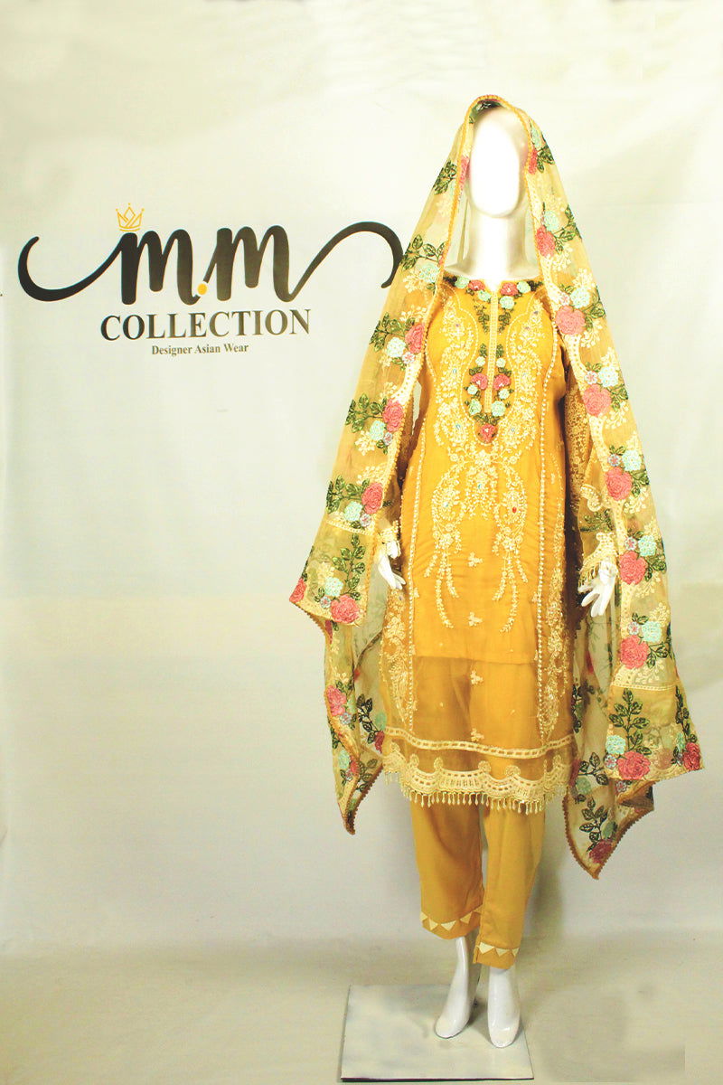Floral Dupatta: Earthy Elegance with Applique - M.M Collection - 