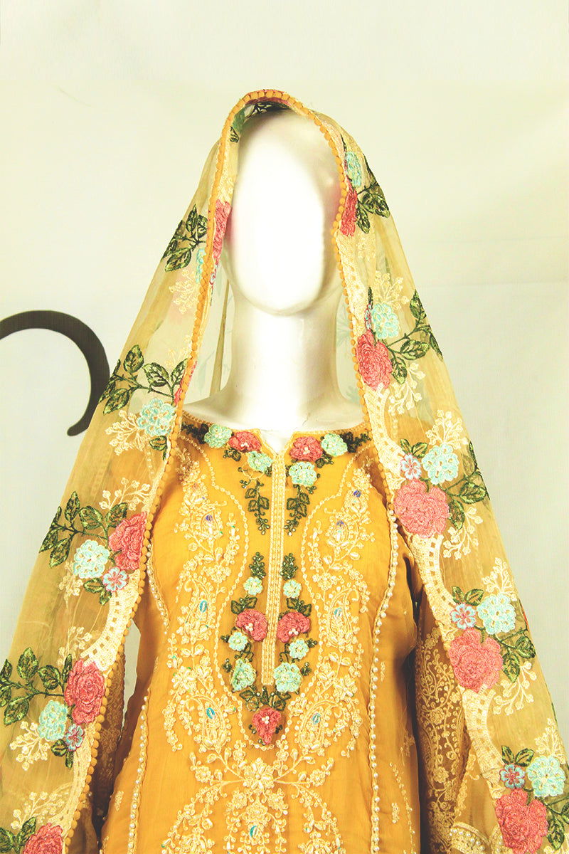Floral Dupatta: Earthy Elegance with Applique - M.M Collection - 