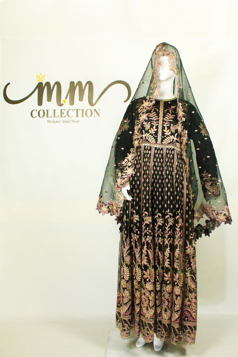 Floral Dupatta & Maxi Dress: Opulent Elegance with Applique Work - M.M Collection - 