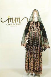 Floral Dupatta & Maxi Dress: Opulent Elegance with Applique Work - M.M Collection - 