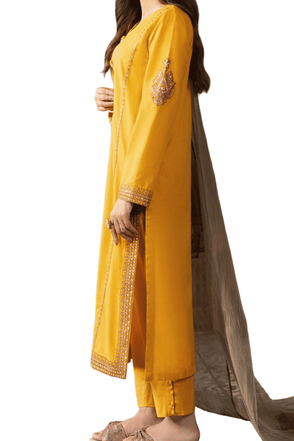 Golden Yellow Embroidered Kurta with Soft Sheer Dupatta – Bright and Bold Elegance - M.M Collection - 