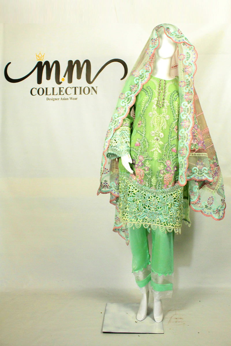 Green & Pink Masterpiece: Applique Embellished Ensemble - M.M Collection - 