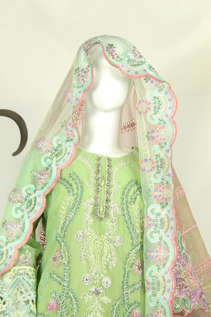 Green & Pink Masterpiece: Applique Embellished Ensemble - M.M Collection - 