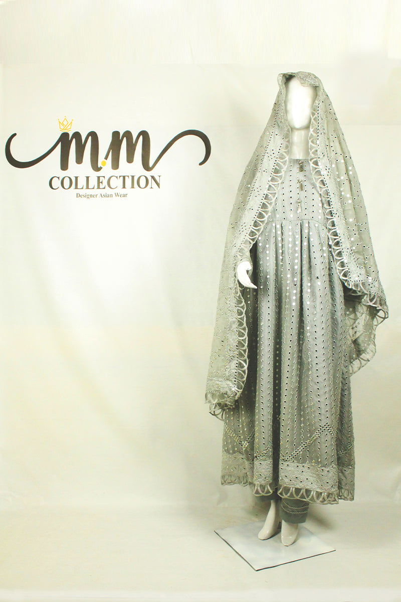 Grey Embroidered Ensemble: Heavy Work Dupatta & Silver Accents - M.M Collection - 
