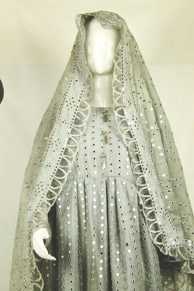 Grey Embroidered Ensemble: Heavy Work Dupatta & Silver Accents - M.M Collection - 