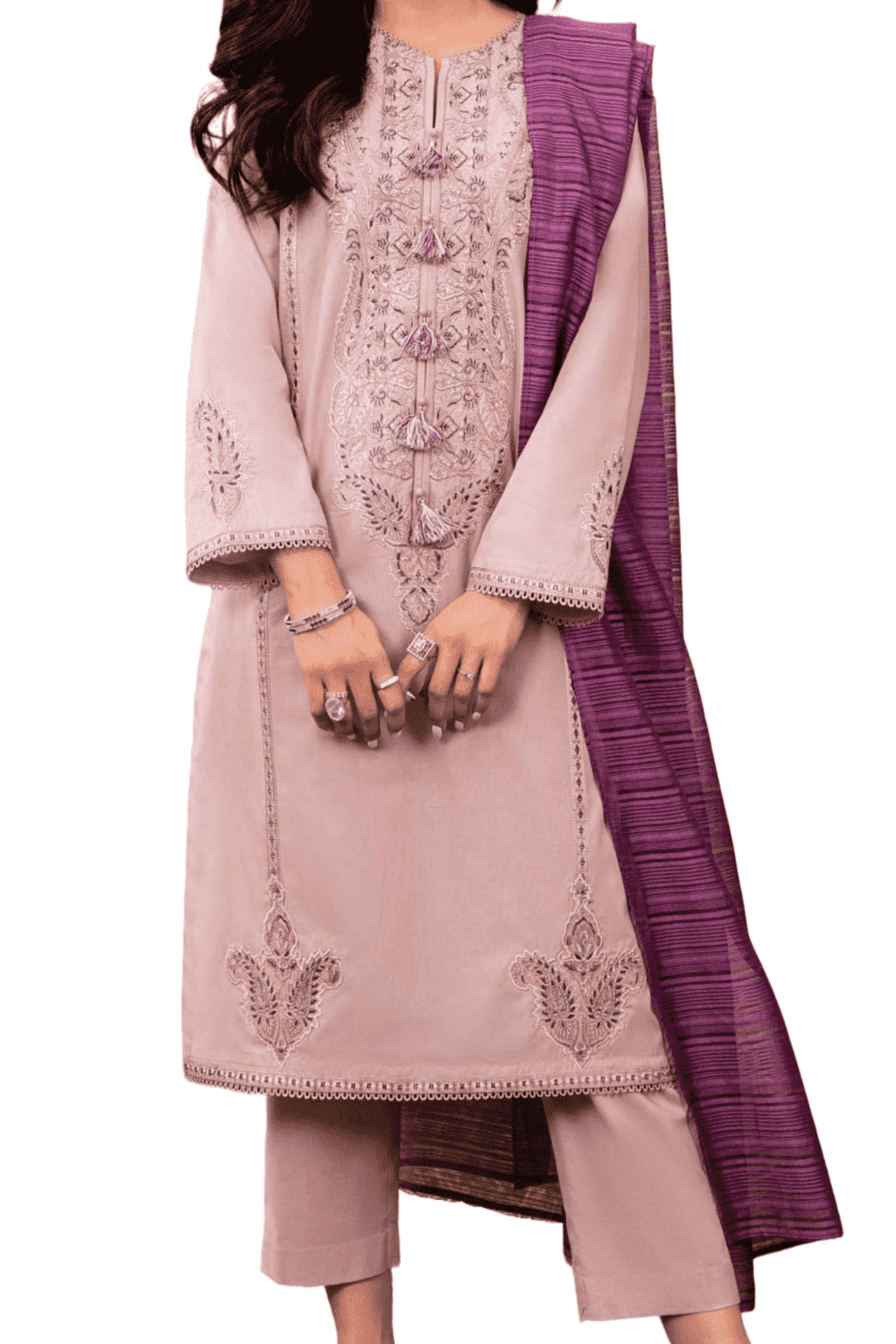 Lavender Embroidered Kurta with Plum Dupatta – Graceful and Elegant - M.M Collection - 