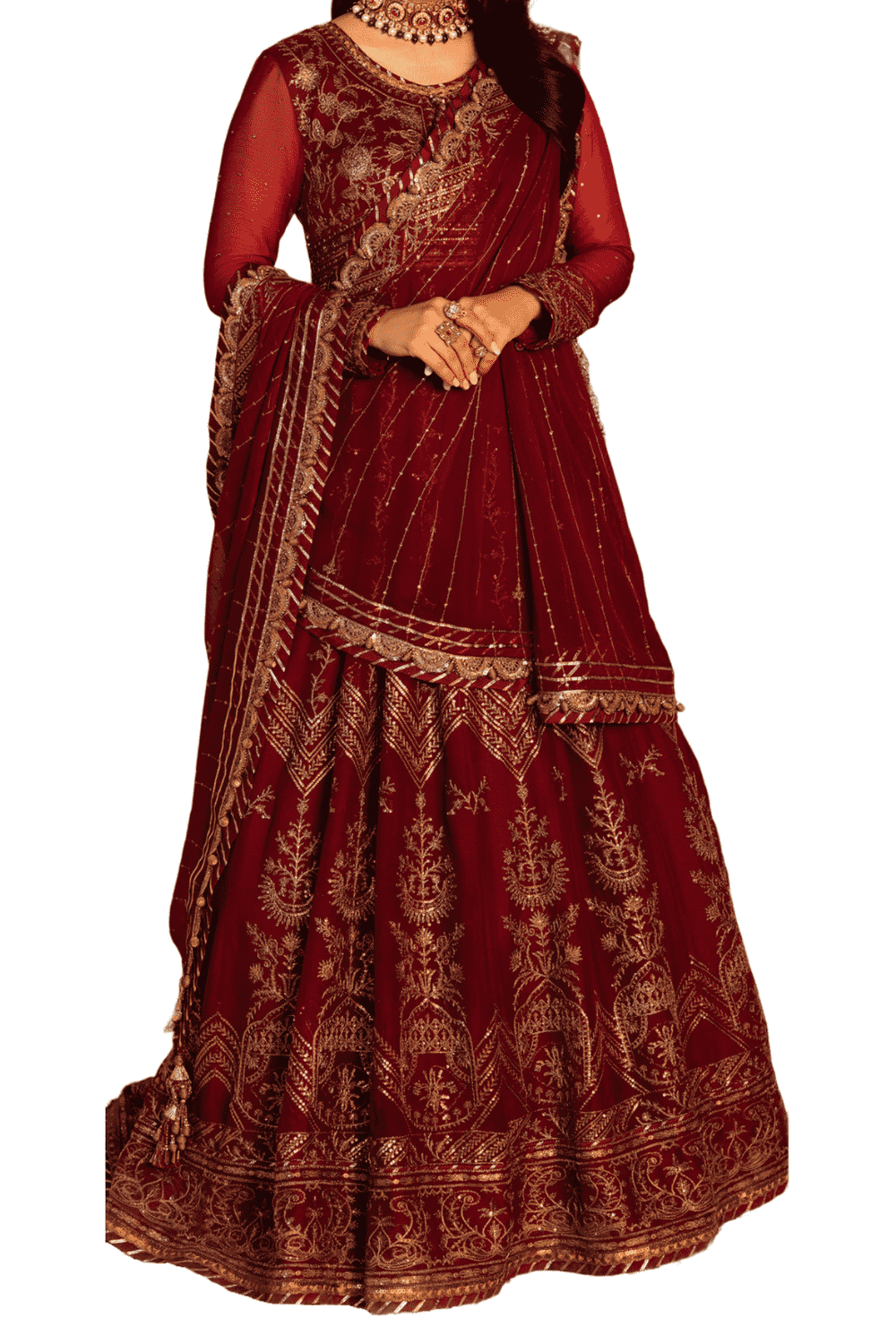 Luxurious Maroon Bridal Lehenga with Gold Embroidery and Sheer Dupatta - M.M Collection - 