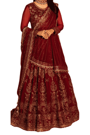 Luxurious Maroon Bridal Lehenga with Gold Embroidery and Sheer Dupatta - M.M Collection - 