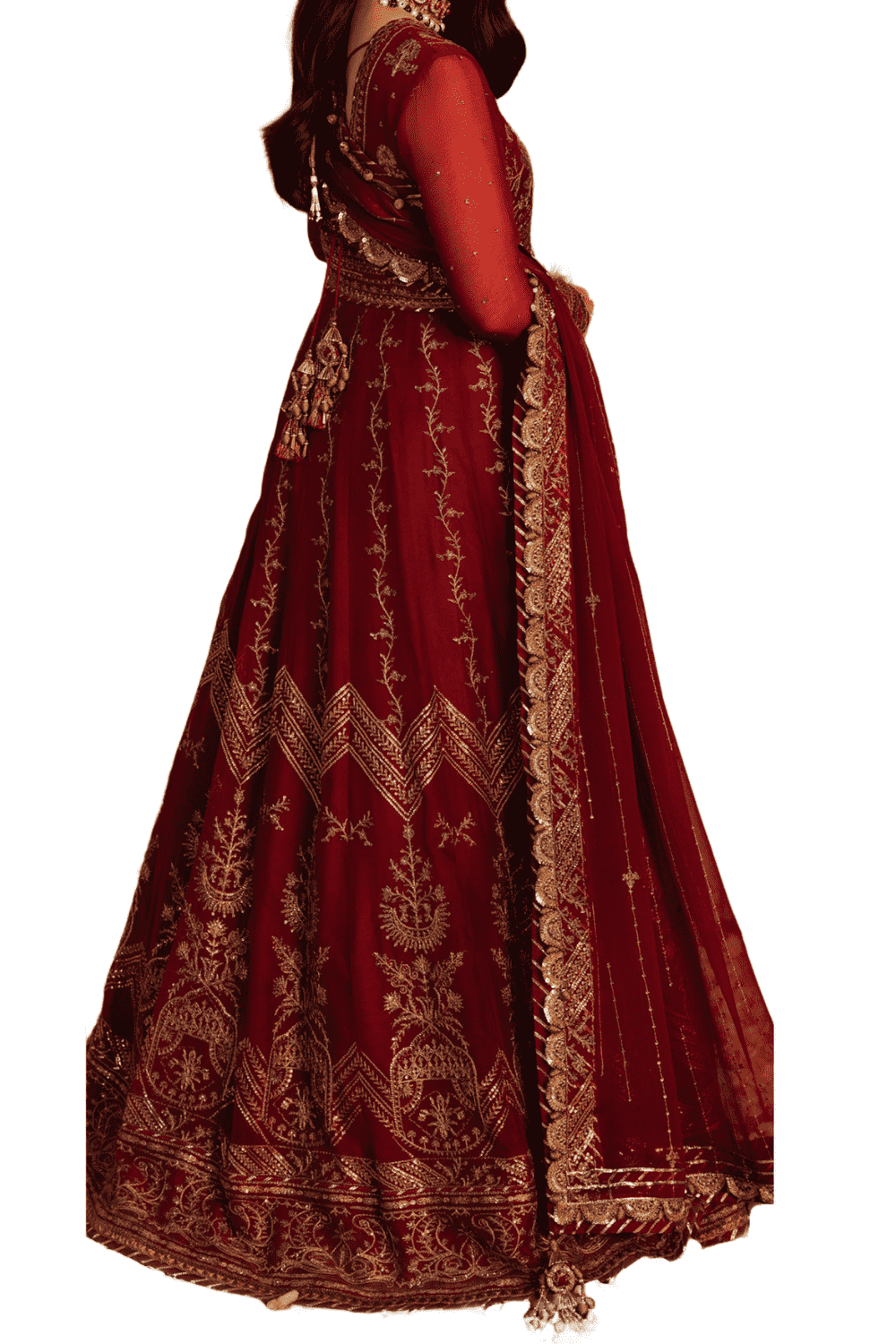 Luxurious Maroon Bridal Lehenga with Gold Embroidery and Sheer Dupatta - M.M Collection - 
