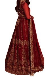 Luxurious Maroon Bridal Lehenga with Gold Embroidery and Sheer Dupatta - M.M Collection - 