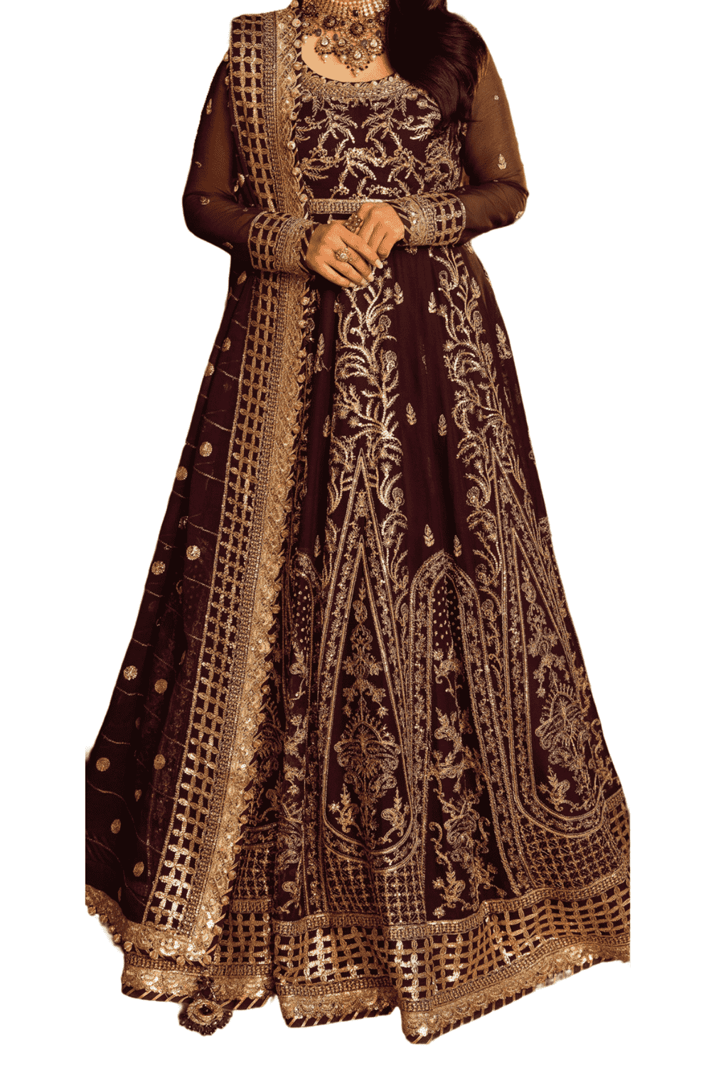 Luxurious Maroon Velvet Bridal Gown with Gold Threadwork and Embellished Dupatta - M.M Collection - 