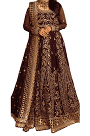 Luxurious Maroon Velvet Bridal Gown with Gold Threadwork and Embellished Dupatta - M.M Collection - 