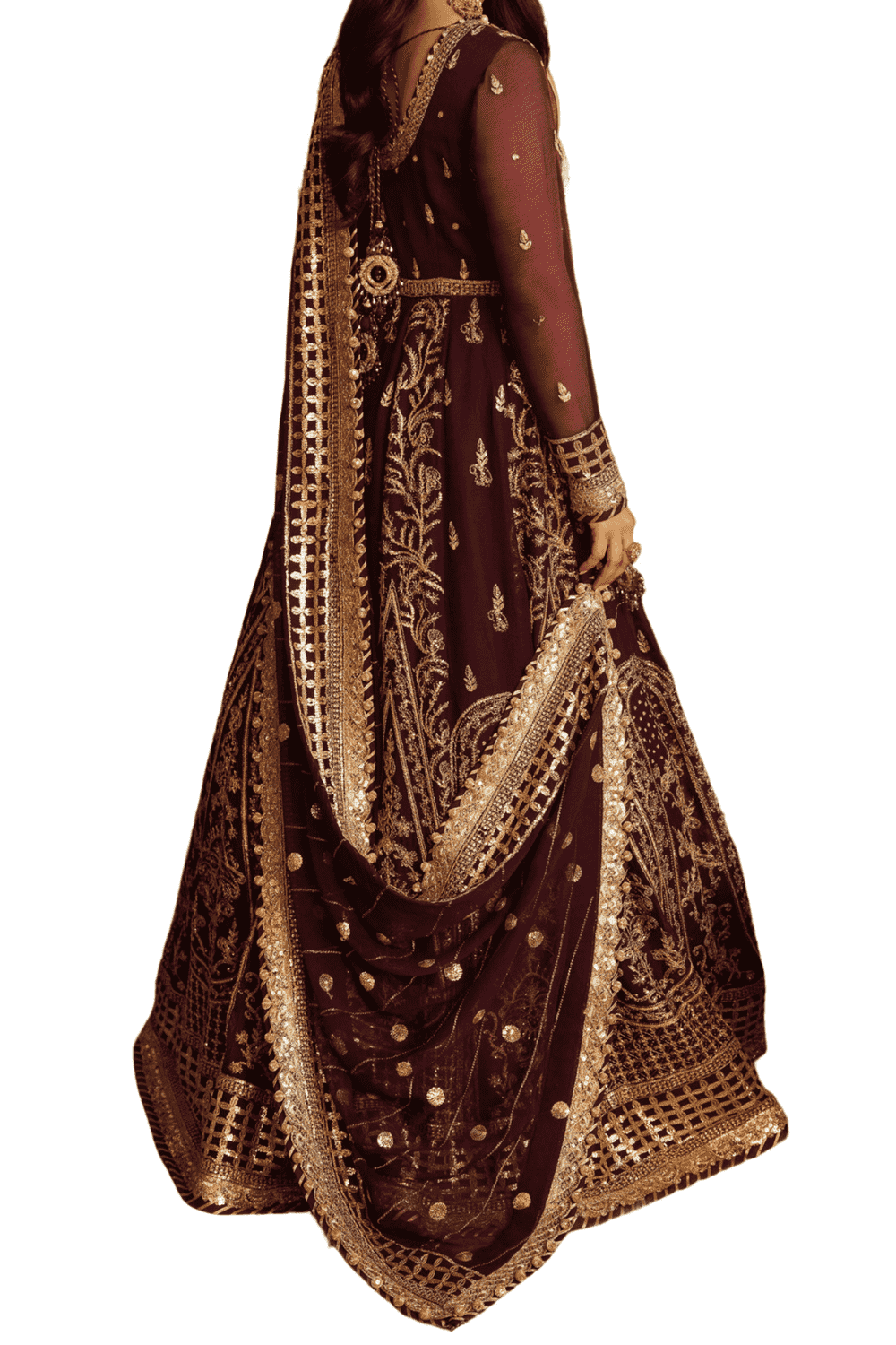 Luxurious Maroon Velvet Bridal Gown with Gold Threadwork and Embellished Dupatta - M.M Collection - 