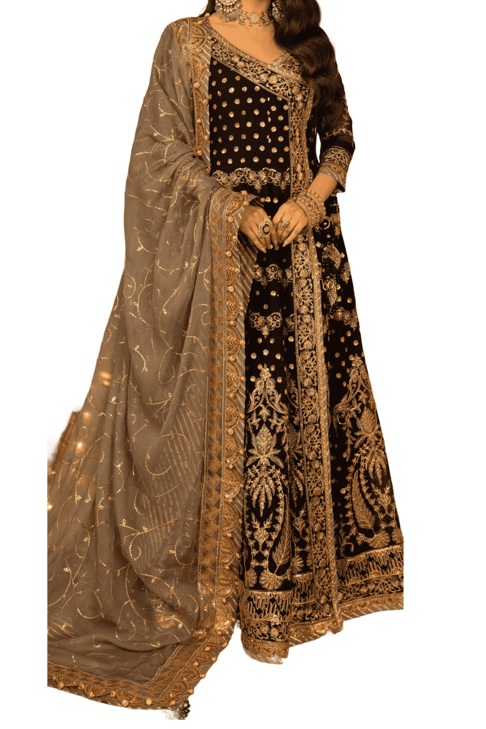 Majestic Black Velvet with Antique Gold Embroidery and Grey Dupatta" - M.M Collection - 