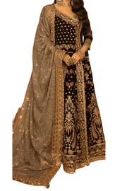 Majestic Black Velvet with Antique Gold Embroidery and Grey Dupatta" - M.M Collection - 