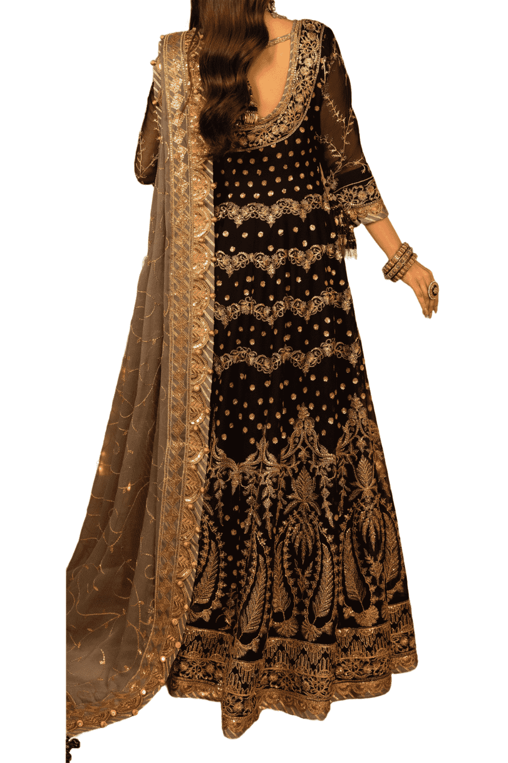 Majestic Black Velvet with Antique Gold Embroidery and Grey Dupatta" - M.M Collection - 