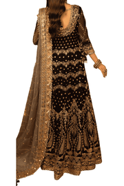 Majestic Black Velvet with Antique Gold Embroidery and Grey Dupatta" - M.M Collection - 