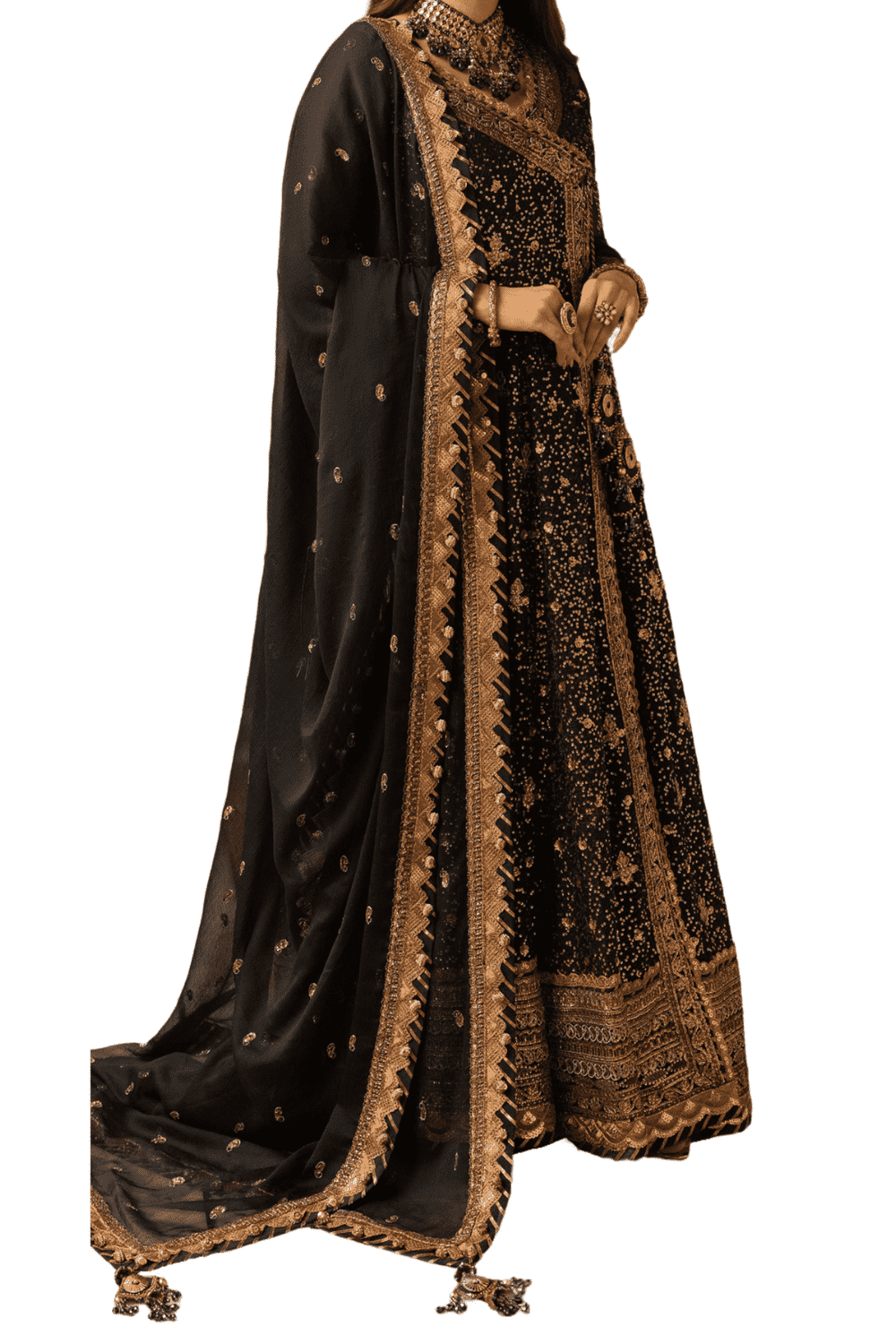 Midnight Black Embroidered with Golden Accents and Embellished Dupatta - M.M Collection - 